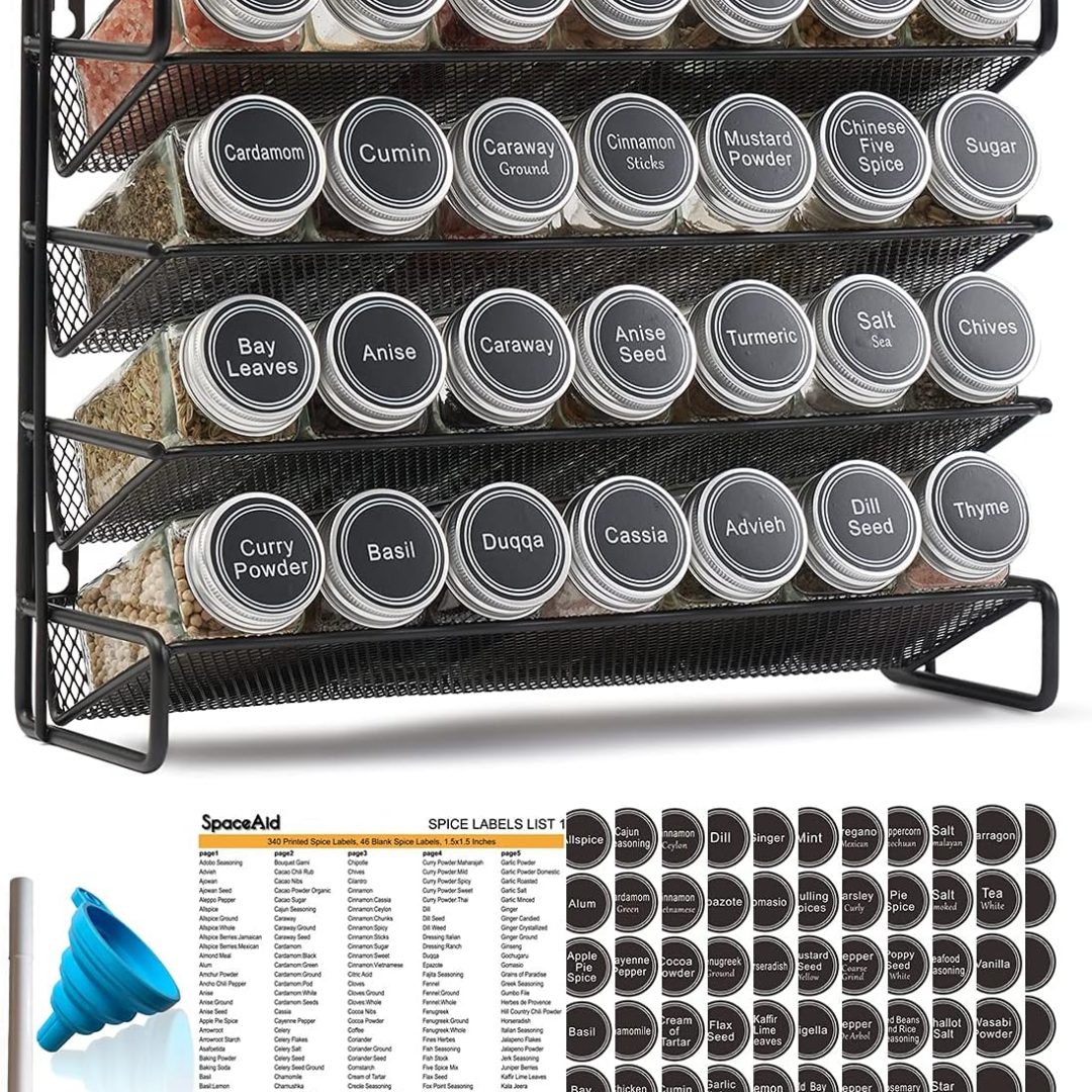 SpaceAid Spice Rack Organizer with 28 Spice Jars, 386 Spice Labels, Chalk Marker and Funnel Set for Cabinet, Countertop, Pantry, Cupboard or Door & Wall Mount