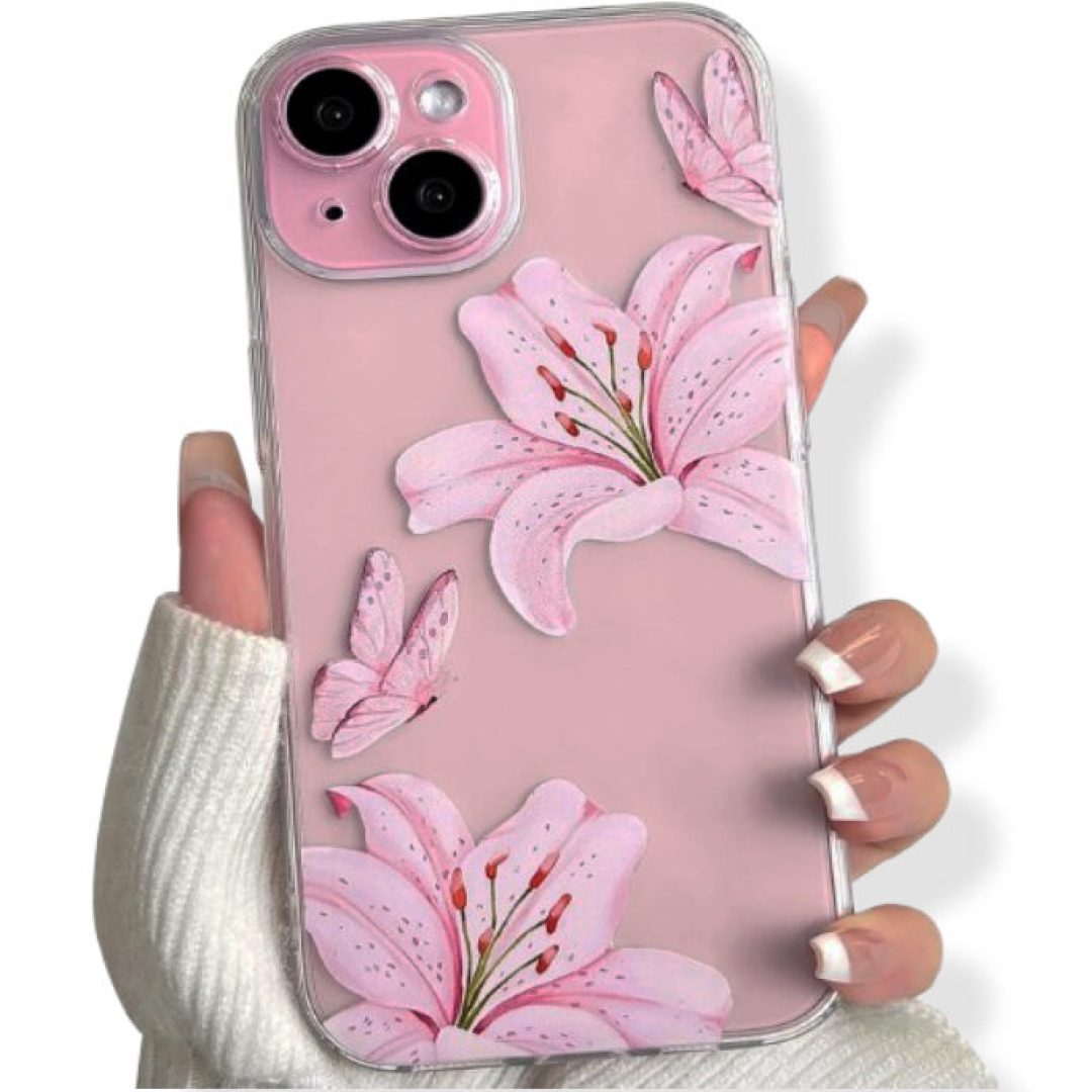 iPhone 15 Clear Floral Butterfly Slim Shockproof Case Pink