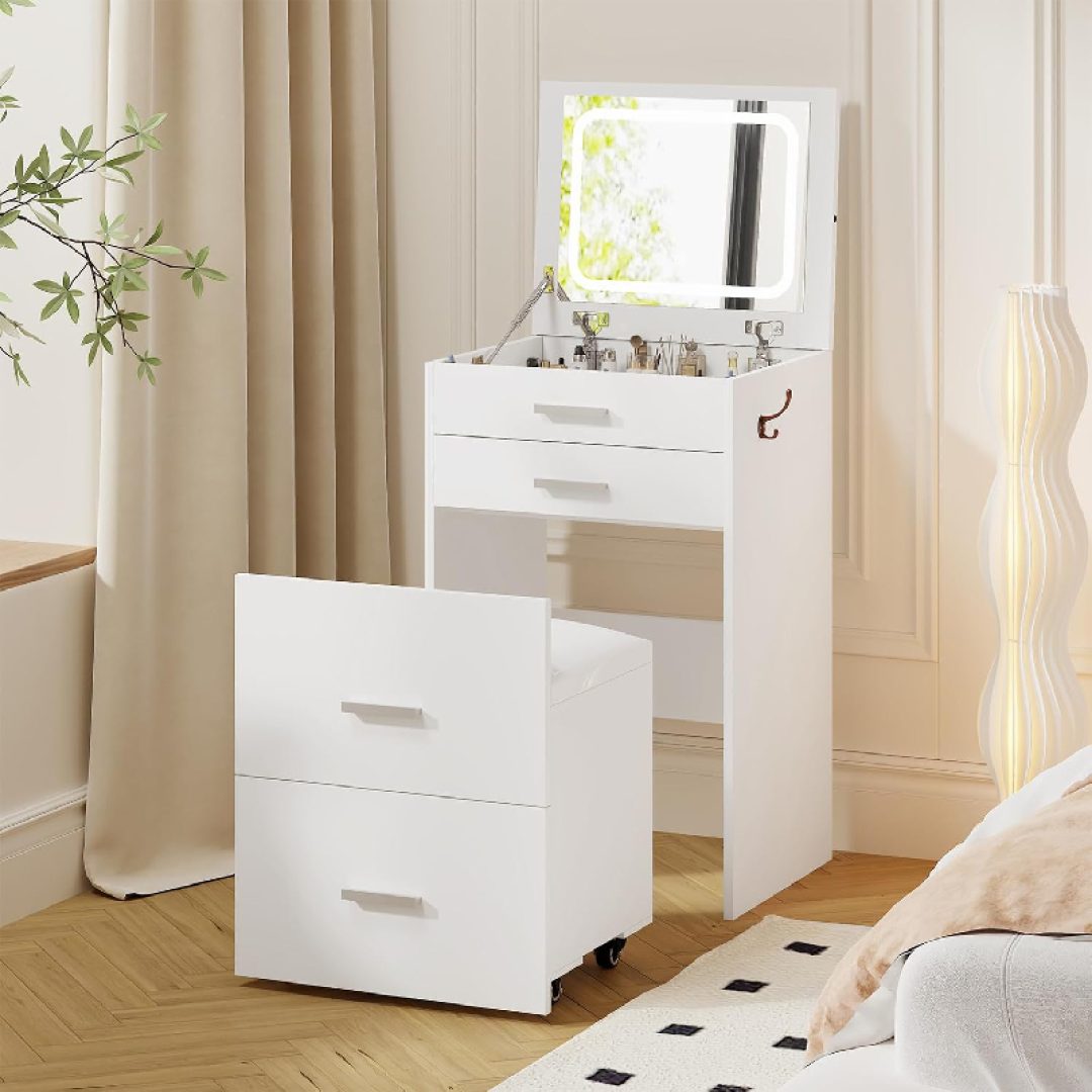 3-in-1 Compact Vanity Desk with Drawers, Lighted Mirror & Stool